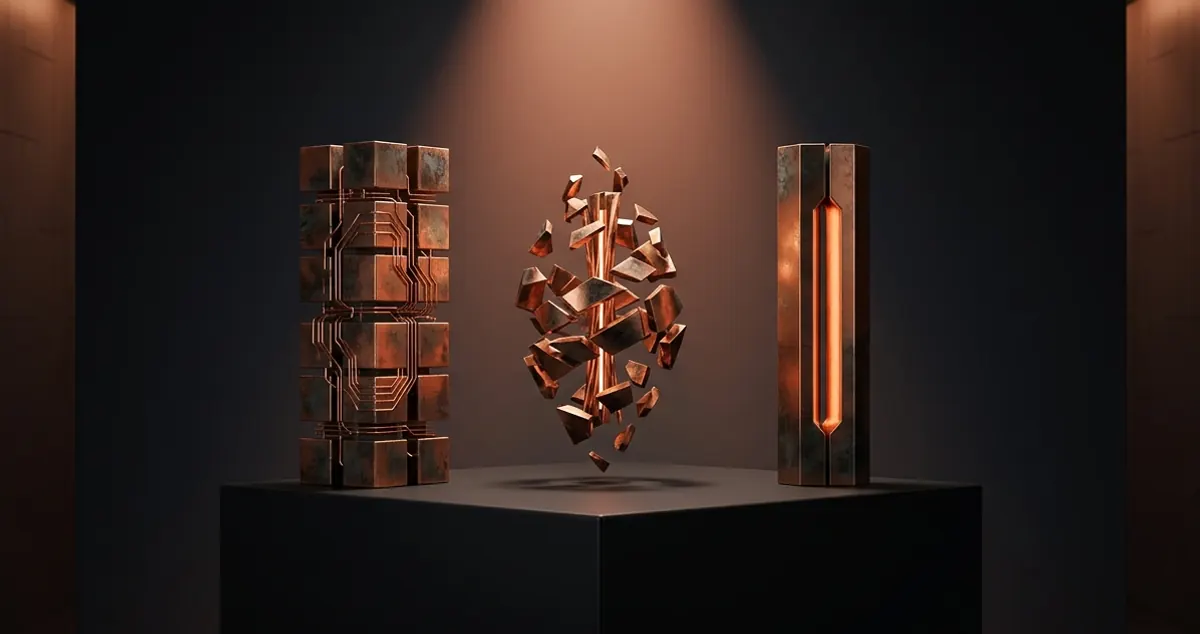Three sculptural columns on a concrete plinth — solid stacked agency tower, fragmented freelancer cluster, and a slim glowing co-founder monolith — the founder's decision matrix between agency, freelancer, and technical co-founder
