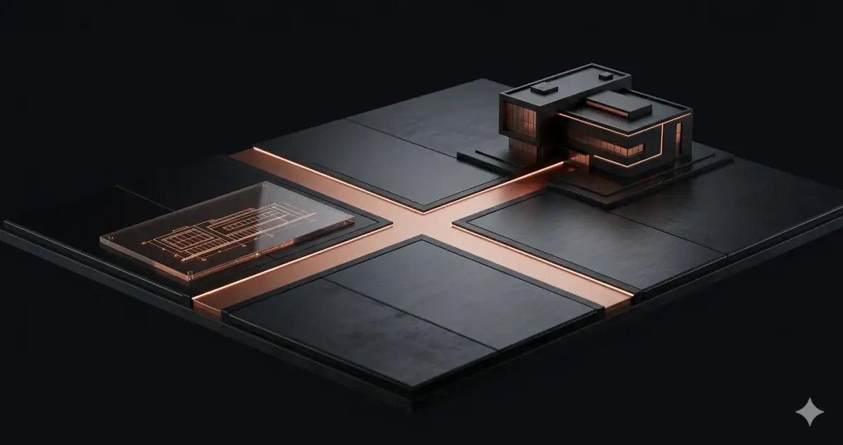 AI automation workflow architecture for business operations — dark copper 3D render of intelligent process automation nodes