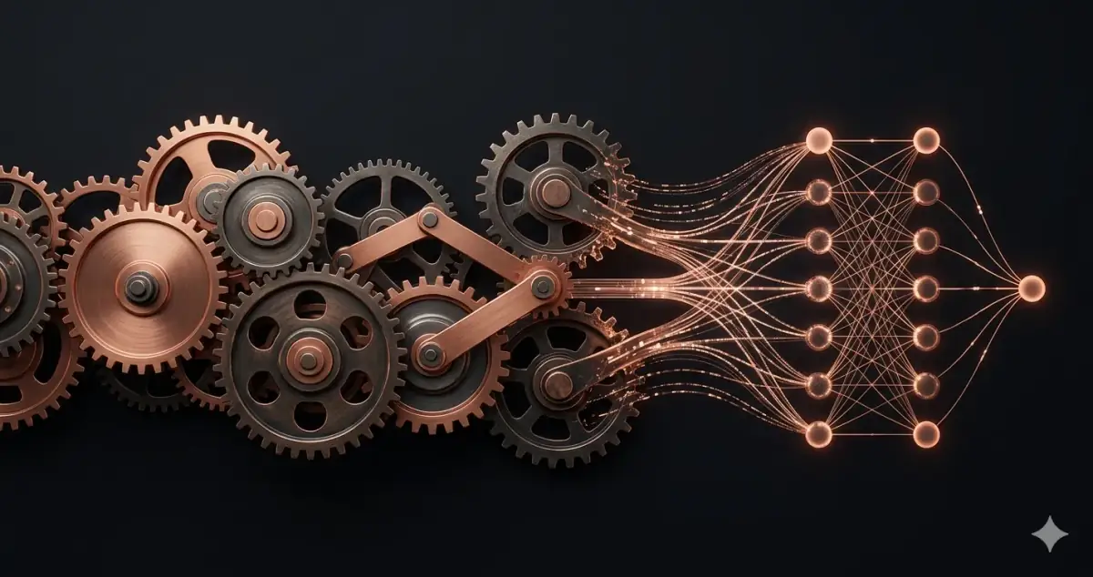 Abstract engineer figure made of circuit lines and AI nodes — AI literacy gap and developer trust crisis visualization