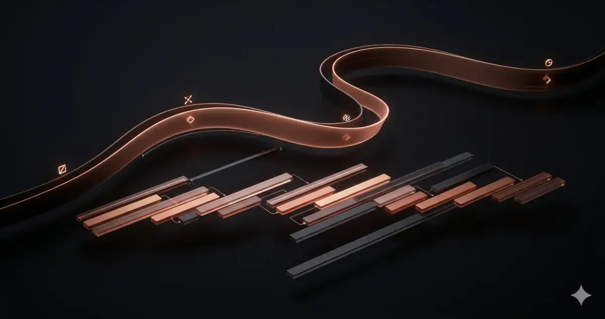 Two pathways diverging — AI platform development build versus buy decision in dark copper render
