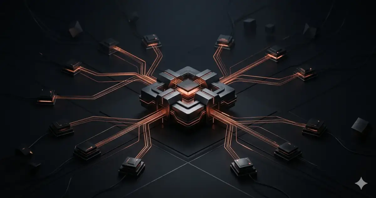 API gateway at the center with multiple service connections radiating outward — API-first architecture for SaaS platforms