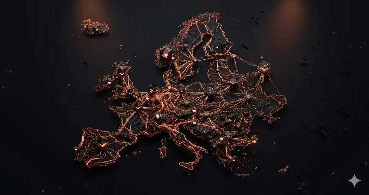 European continent formed by interconnected SaaS platform nodes — custom SaaS development across Europe