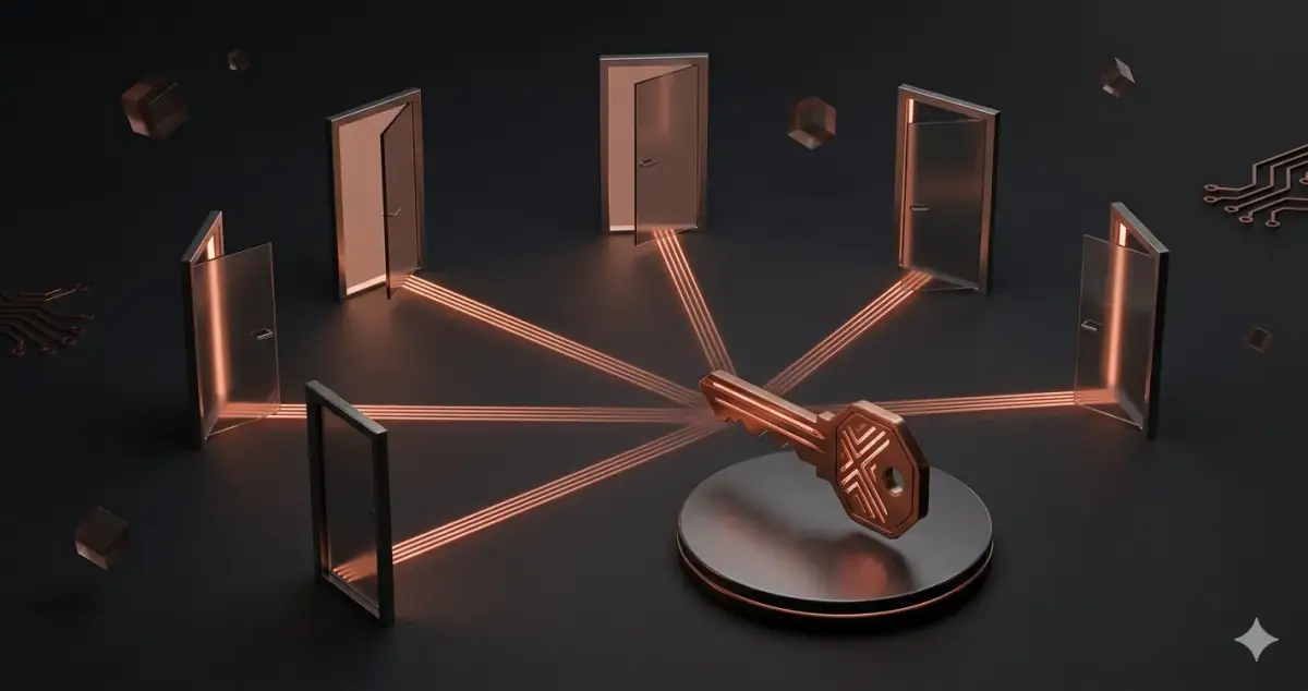 Single key unlocking multiple doors simultaneously — enterprise authentication and SSO flow visualization
