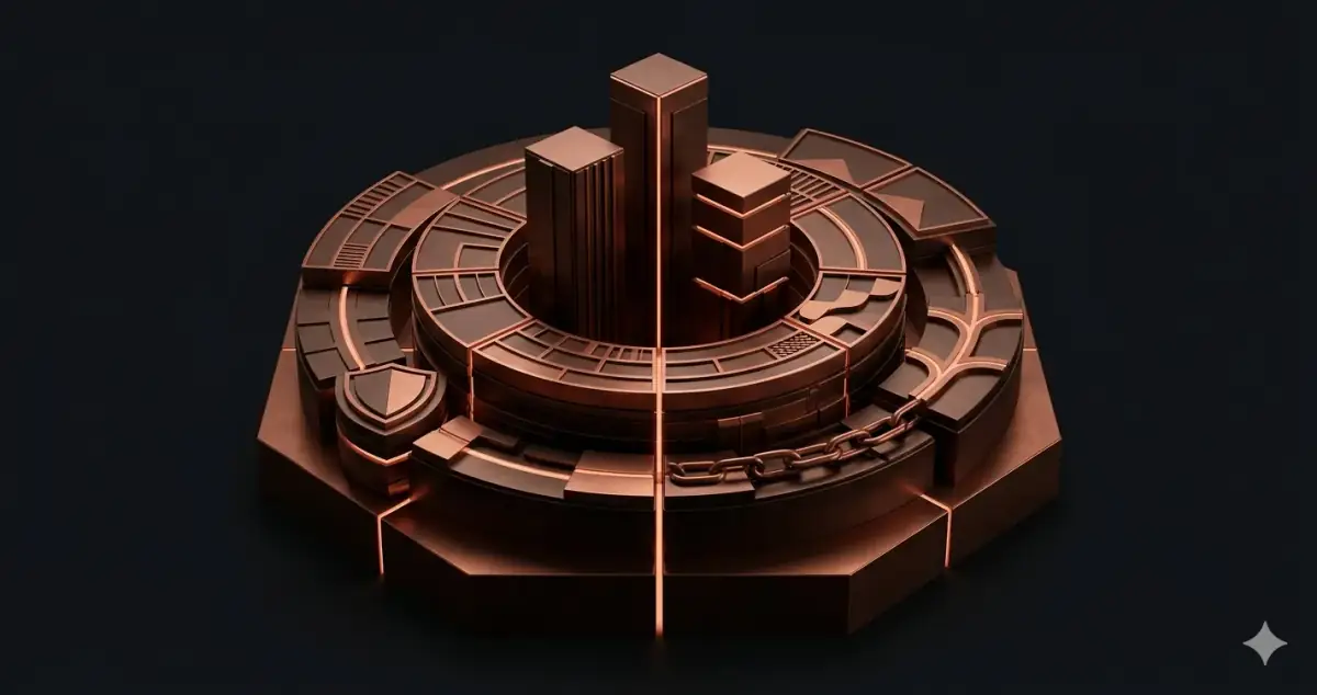UK regulatory shield with financial compliance layers — FCA regulation framework in dark copper geometric structure