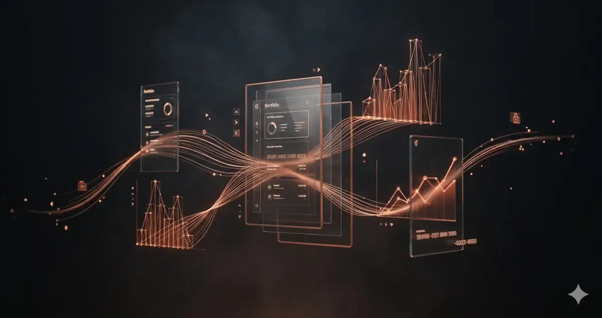 Financial data streams and transaction graphs floating in dark atmospheric space — fintech SaaS development