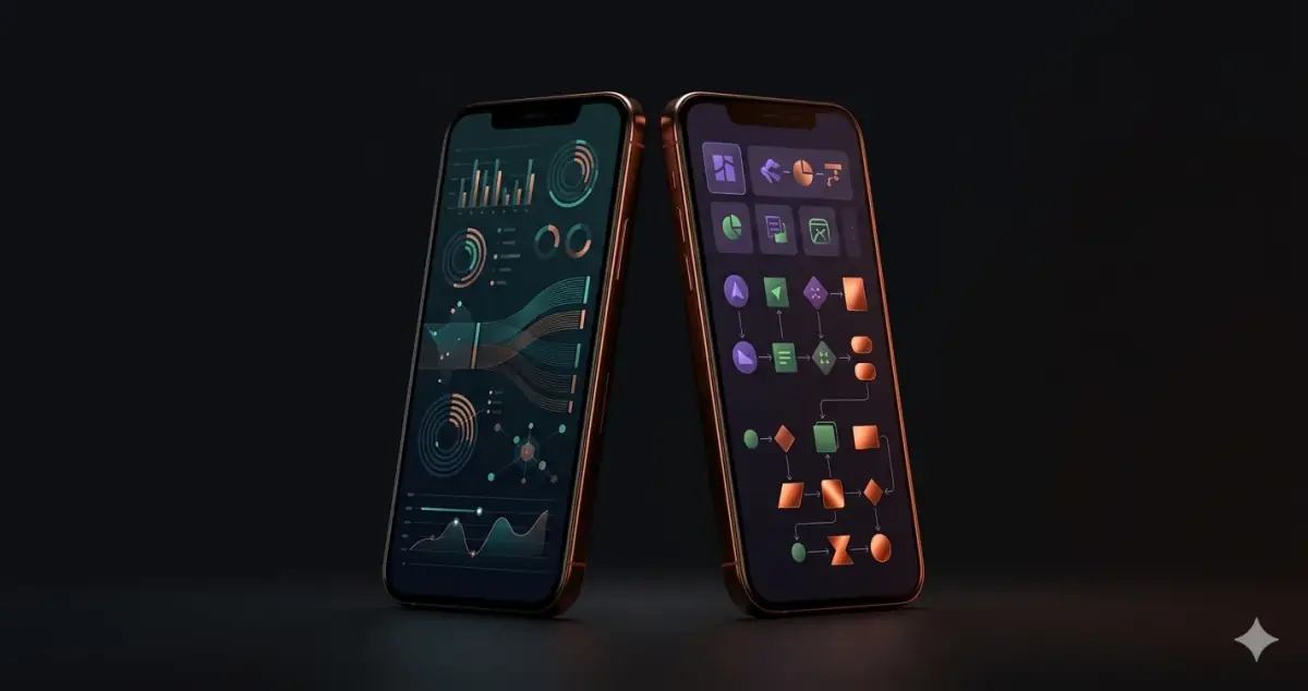 Two mobile phone frames side by side rendering different UI — Flutter versus React Native cross-platform comparison 2026