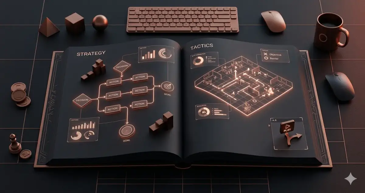 Open strategy playbook with tactical diagrams glowing — founder tech execution playbook overhead view