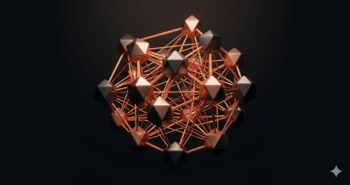 Close-proximity European team nodes connected by short bright copper threads — nearshore software development across Europe