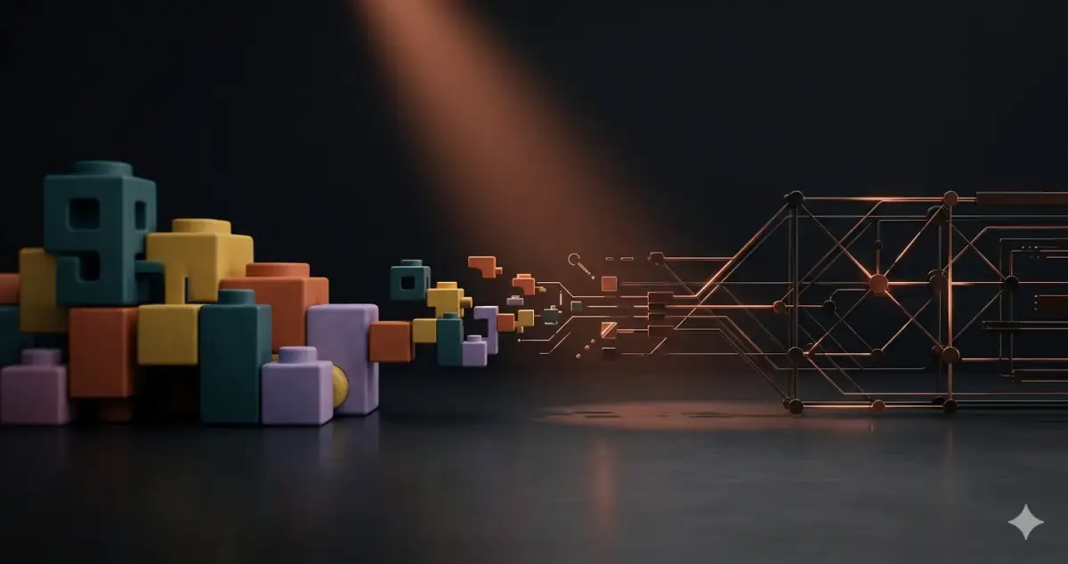 Migration pathway from colorful no-code blocks to sleek custom code architecture — no-code to custom SaaS migration