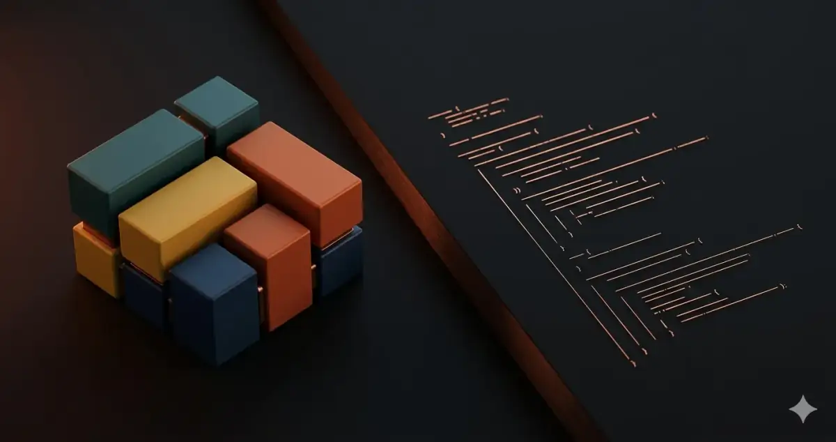 Drag-and-drop blocks on one side versus written code lines on the other — no-code vs custom development comparison