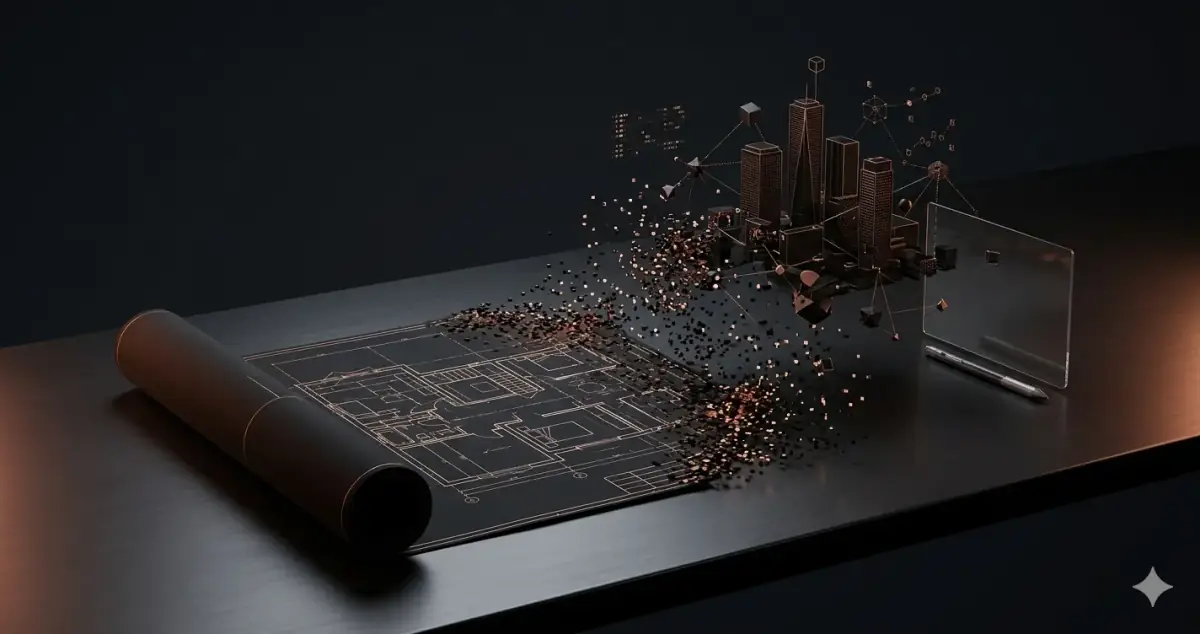 Real estate building blueprints transforming into digital platform — proptech SaaS development for Europe