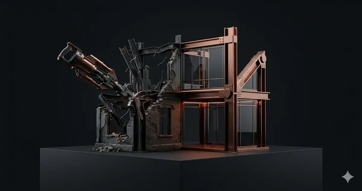 Old building demolished next to careful surgical renovation — rebuild versus refactor SaaS platform decision