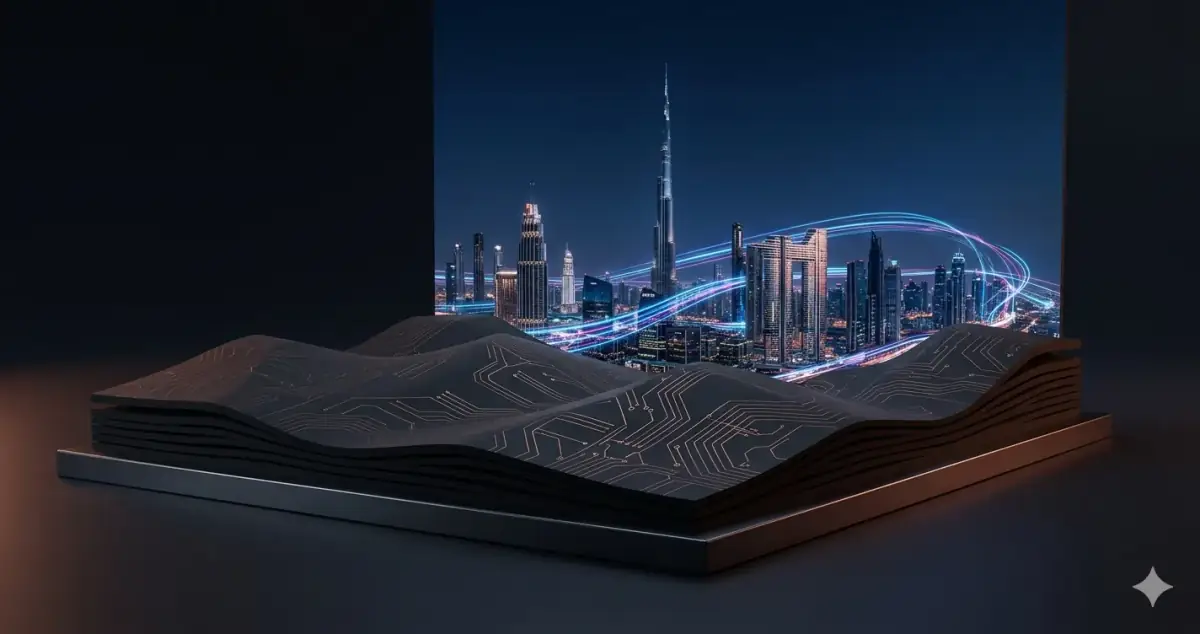 Dubai skyline abstracted as tech platform — SaaS development agency in Dubai UAE