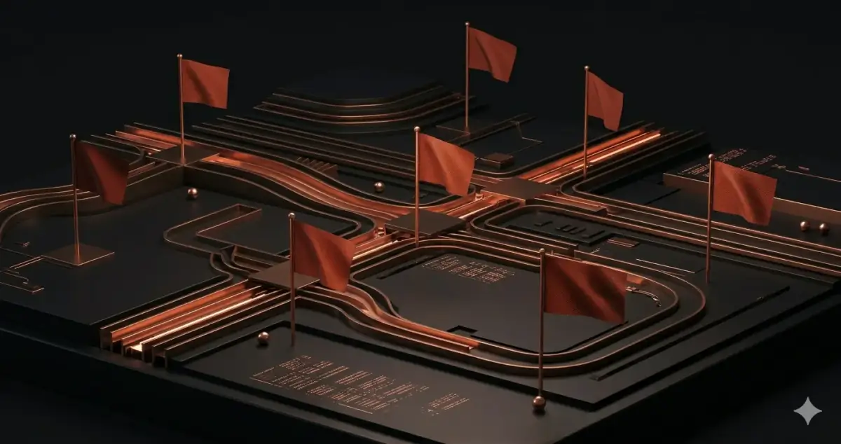 Multiple red warning flags planted in digital terrain — SaaS development agency red flags hazard markers