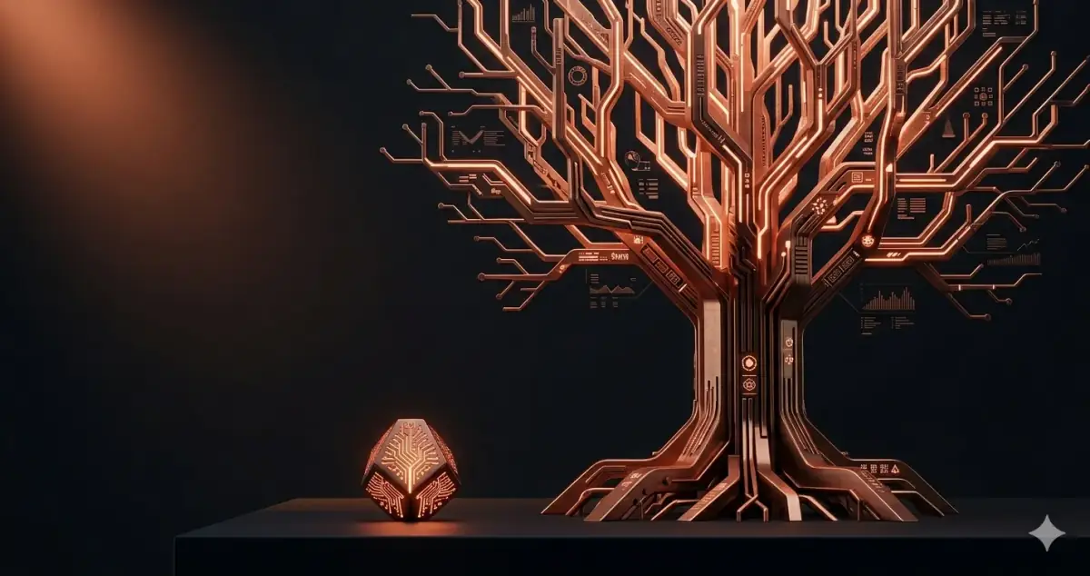 Small glowing seed next to large illuminated tree — SaaS MVP versus full product growth visualization