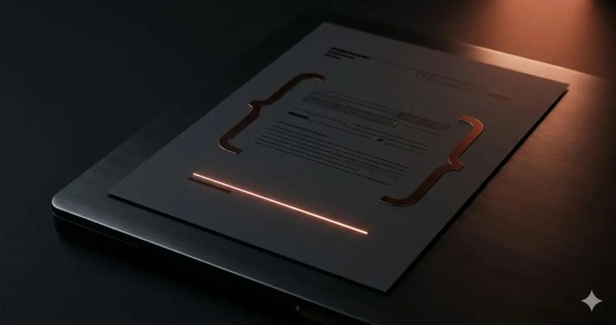 Contract document with glowing signature line and code brackets forming ownership frame — software agency code ownership