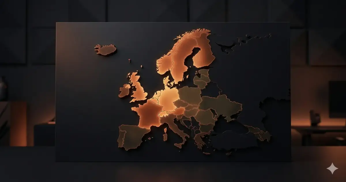 European map with salary rate heat zones in warm copper tones — software developer rates Eastern Europe 2026