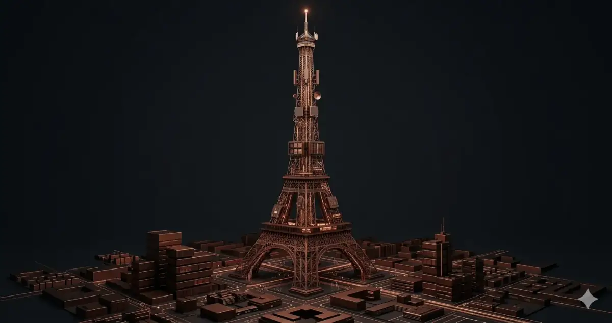 Eiffel Tower abstracted as central API tower with Parisian geometry — software development agency in Paris France