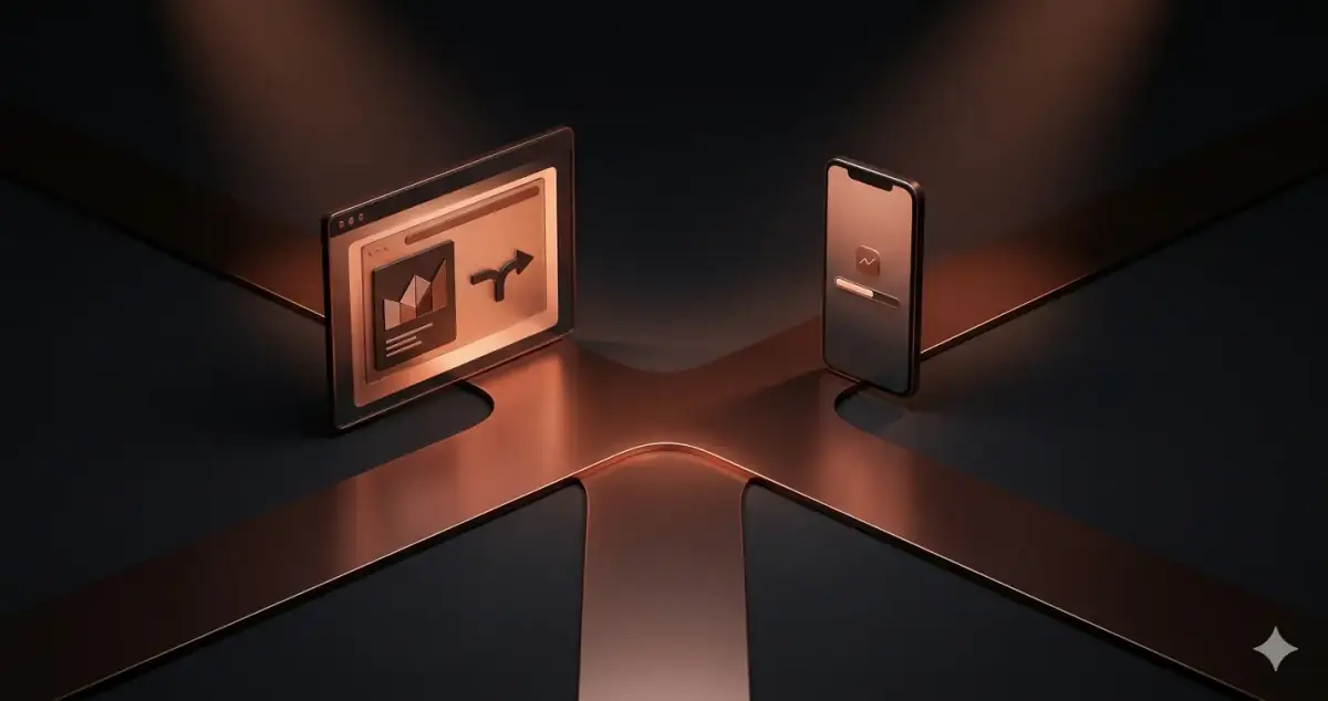 Desktop browser window and mobile phone at a fork in the road — web app vs mobile app which to build first decision