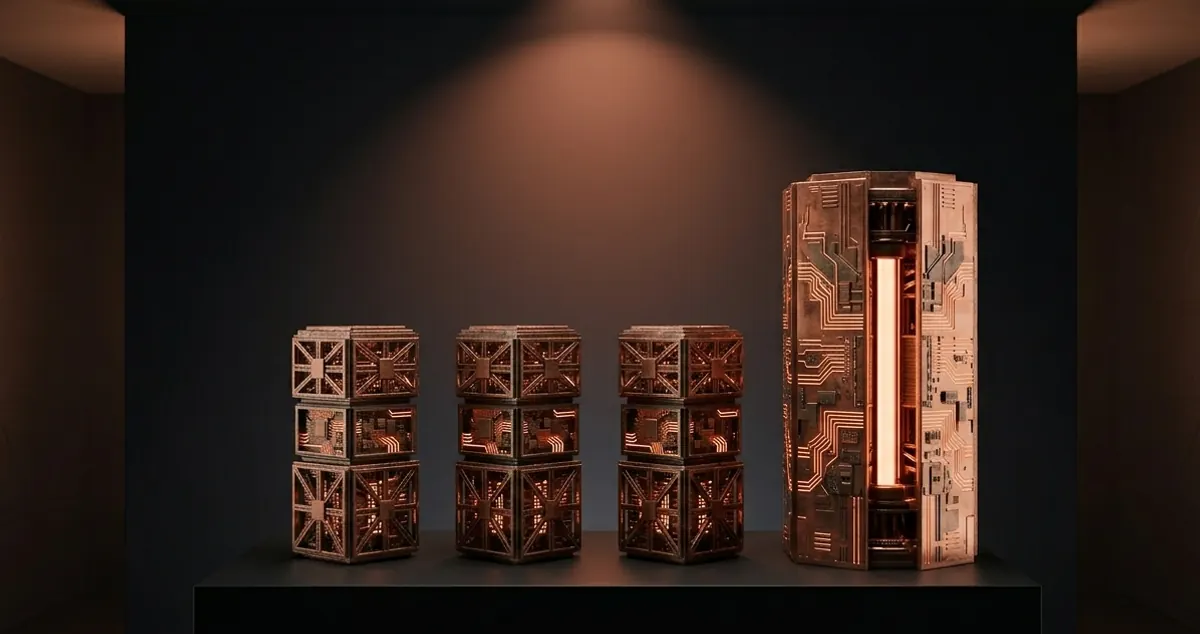 Three near-identical matte black sculptural columns next to a taller distinct glowing copper monolith — talent marketplaces (Toptal, Gun.io, Arc) versus a full-service software studio